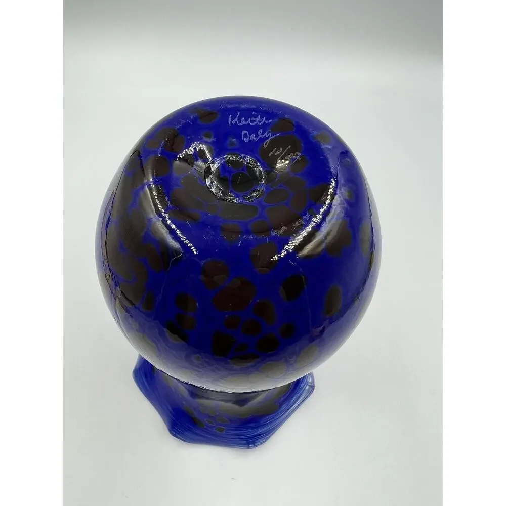 Handblown Art‎ Glass Vase Blue Signed Ruffled